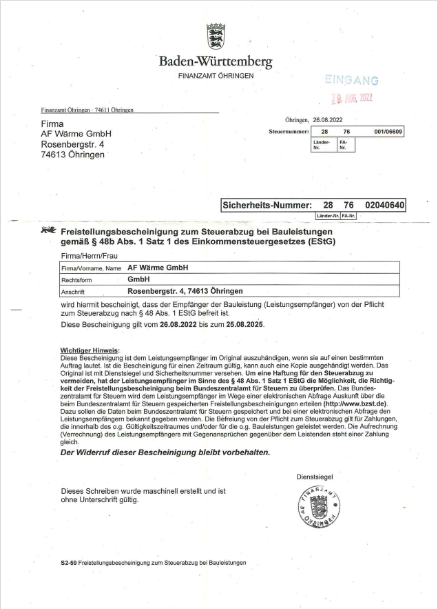Freistellungsbescheid aktuell AF Wärme GmbH