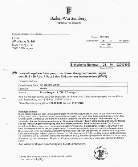 Freistellungsbescheid Steuerabzug AF-Wärme