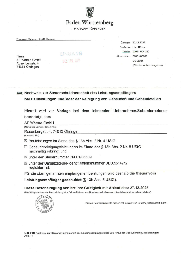 Nachweis Steuerschuldnerschaft von AF Wärme